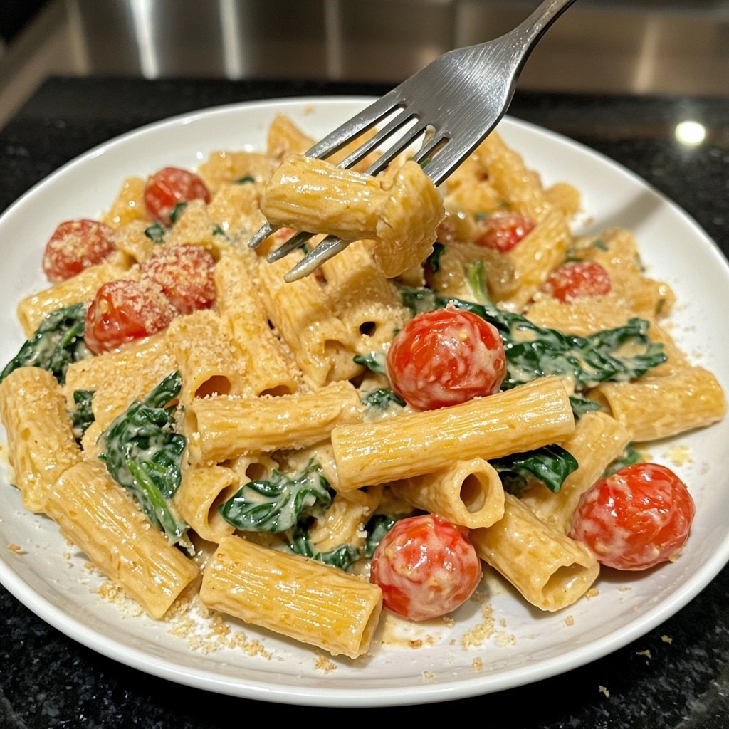 One-Pot Pasta mit Tomaten & Spinat